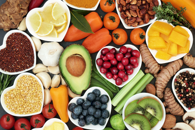 assortment of fruits, vegetables, nuts, grains